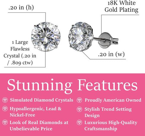 Cate & Chloe Mallory 18k White Gold Plated Stud Solitaire Earrings with Crystals, Classic Shiny Round Cut Crystals, Fashion Jewelry...