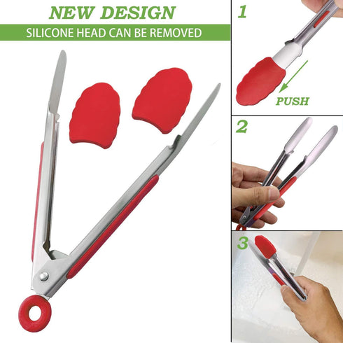 Small Tongs with Silicone Tips 7-Inch Mini Serving Tongs, Set of 3 (Red Blue Green)...