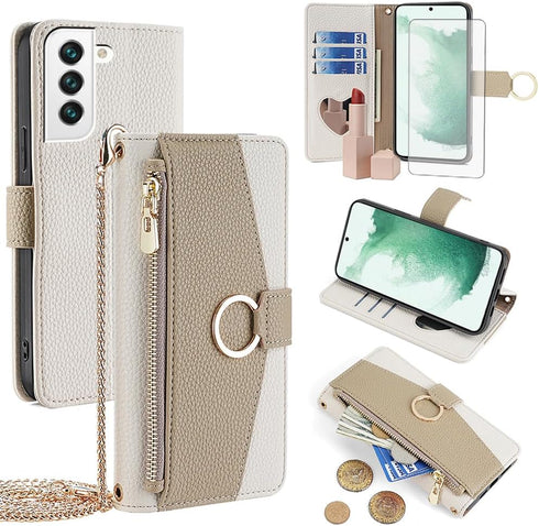 Asuwish Phone Case for Samsung Galaxy S22 5G Wallet Cover with Screen Protector and Mirror PU Leather Flip Cover Ring Card Holder Crossbody Strap ...