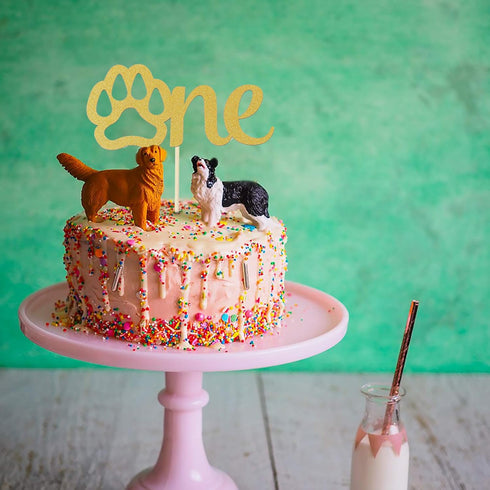 Gold Paw One Cake Topper - Golden Glitter Cardstock 1st Birthday Cake Smash Party Decoration Supplies for Baby, Single Sided Dog Paw First Birthda...