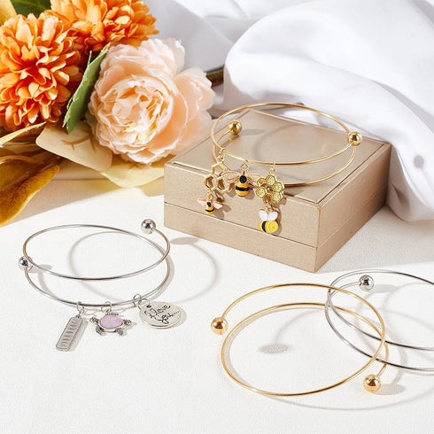 OLYCRAFT 10pcs 2.5 Inch Expandable Blank Bangle Bracelets with Removable Ball Bead - Gold & Silver Stainless Steel Wire Bangle Blank Cuff Bracelet...