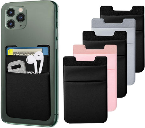 SHANSHUI Card Holder for Back of Phone, 5 PCS Double Cloth Slim Stretchy Phone Pocket Pouch Stick on ID Credit Card Wallet Compatible for iPhone 1...