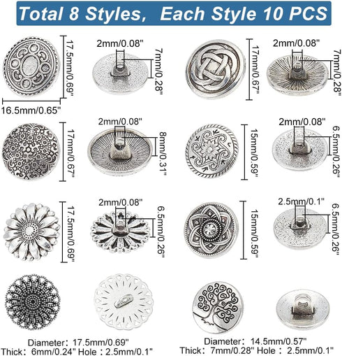 PH PandaHall 80pcs Metal Shank Buttons 8 Style Engraved Metal Buttons Antique Silver Metal Buttons with Shank Retro Alloy Buttons for Costumes Sew...