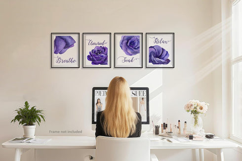 heshengzaixian Purple Flower Bathroom Wall Art Print,Mauve Rose Floral Relax Soak Unwind Breathe Quotes Bathroom Set,Modern Boho Minimalist Decor ...