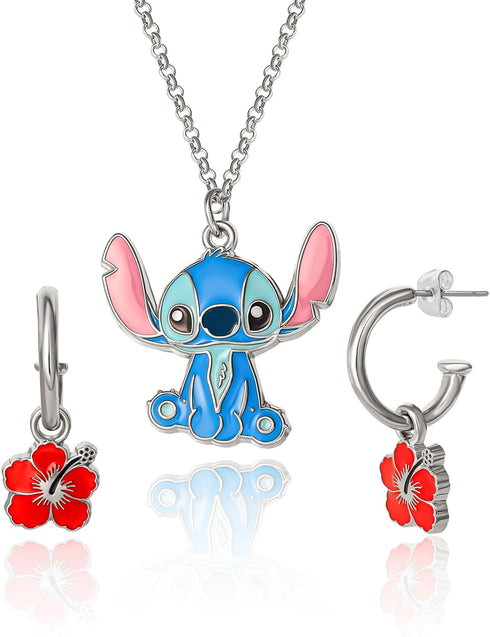 Disney Lilo & Stitch Jewelry Set Official License, Flower Charm Hoop Earrings and 16+3 Stitch Necklace Fashion Jewelry Set...