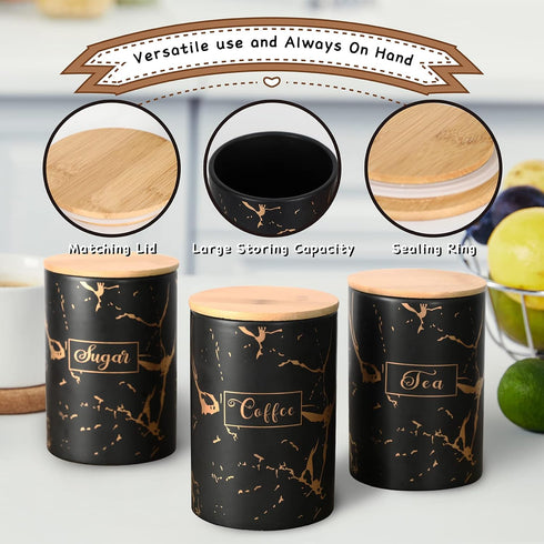 Black Kitchen Ceramic Canister Set - 1178 ML(39.83 OZ) Airtight Set of 3 Coffee Sugar Tea Storage Canisters With Airtight Lid For Food Storage,Sto...