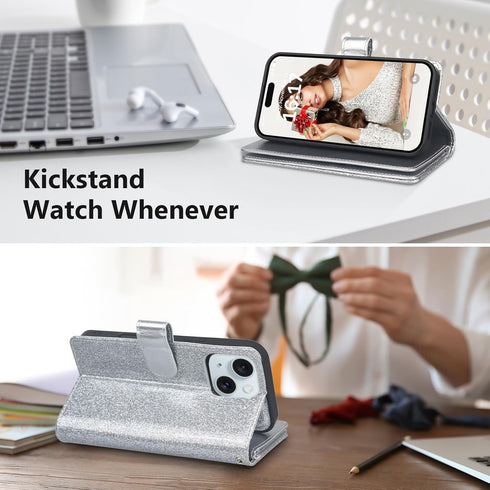 Varikke for iPhone 13 Wallet Case Detachable with Card Holder for Women Girls, Fashion Glitter PU Leather Wrist Strap Strong Magnetic Flip Wallet ...