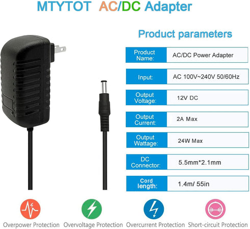 DC 12V 2A Power Adapter 24W 12 Volt 2 Amp AC Adapter 100-240V 50-60Hz AC to 12Volt DC 2A 1.5A 1A Power Supply 12v Transformer 4.6ft Cord with 5.5m...