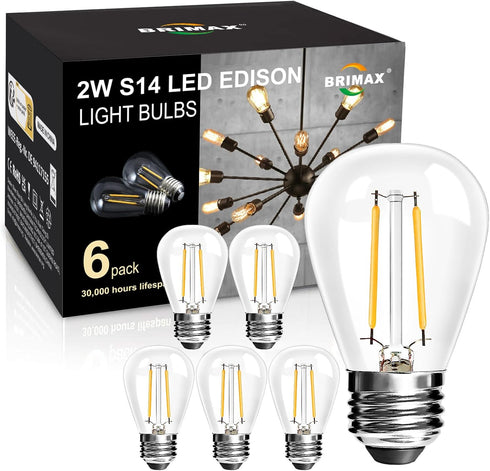 BRIMAX 6 Pack 2W LED Light Bulbs, Plastic LED Filament Bulb, 2700K Warm White, Equivalent to 11w/20w/25w, E26 Medium Base, S14 Edison Light Bulbs ...