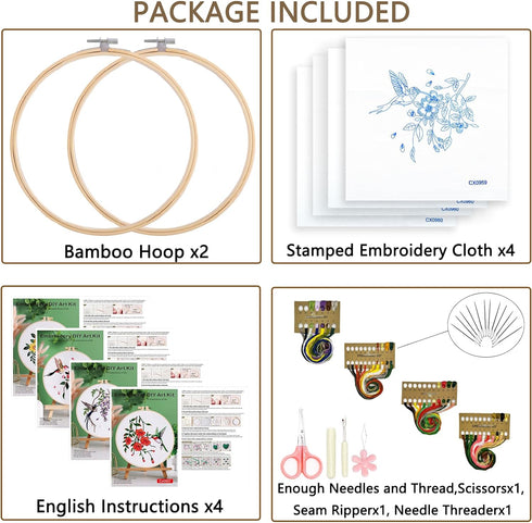 Embroidery Kit for Beginners with Hummingbird Pattern and Instructions,4 Pack Cross Stitch Kits,2 Wooden Embroidery Hoops,Threads and Needles,Need...