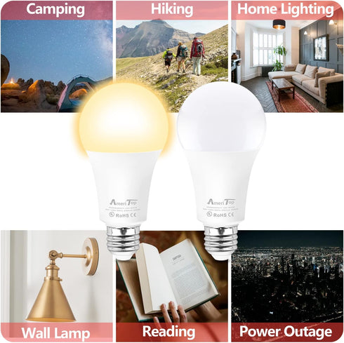 AmeriTop Rechargeable Emergency LED Light Bulb - 2 Pack A19 Battery LED Bulbs for Power Outage Camping Outdoor Activity Hurricane 850 Lm 9W 60W Eq...