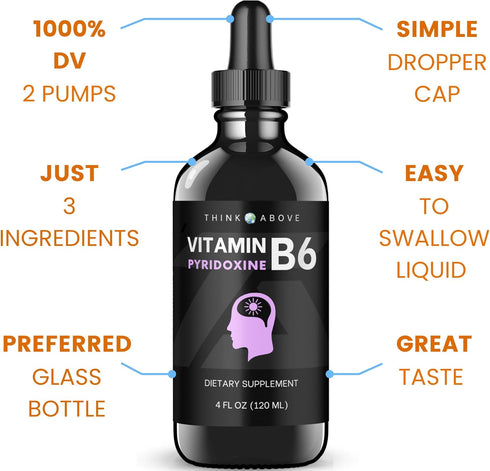 Liquid B6 Pyridoxine Supplement, Vitamin B-6 (as Pyridoxine Hydrochloride), Glass Bottle 4 oz 120 ml...