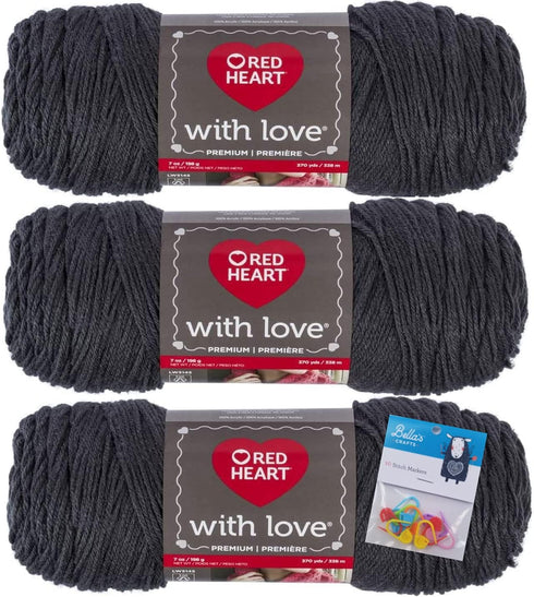 Red Heart Yarn Red Heart with Love Yarn - Platinum - 3 Pack Bundle with Bella Crafts Stitch Markers......
