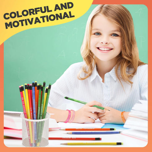 Sabary 48 Pcs Motivational Pencils Inspirational Silicone Bracelets Set Mood Pencil Motivational Quote Rubber Wristbands for Kids Teens Christmas ...