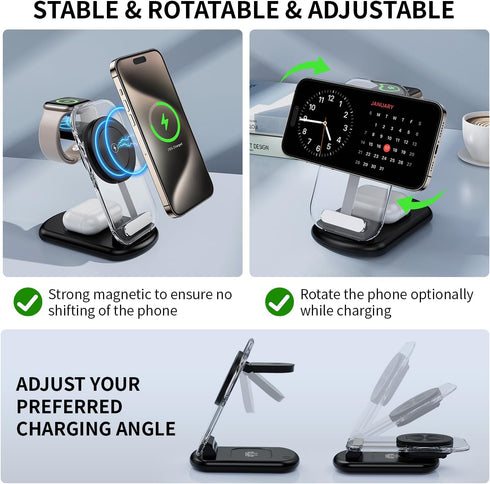 3 in 1 Magnetic Wireless Chargers for iPhone Devices,Fast Foldable Mag-Safe Charger Stand with Night Light for iPhone 15/14/13/12 Series,iWatch Ul...