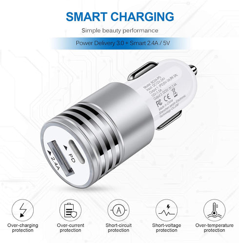 Car Charger USB C, 2Pack 30W PD+2.4A Dual Port Fast Charge Car Adapter Type C Rapid Car Charging Plug Cigarette Lighter for iPhone 15/14/14 Pro/14...