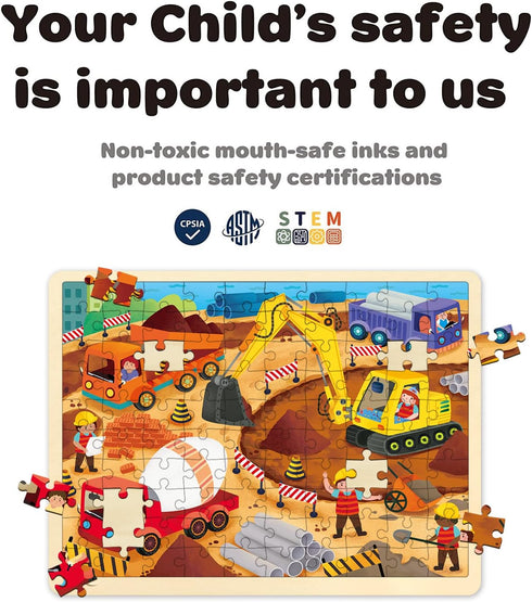 100 Piece Puzzles for Kids Ages 4-8 by MoinKidz, Each Piece is Unique, Construction Site Wooden Jigsaw Puzzle for 3 4 5 6 8 Year Old Toddlers Boys...