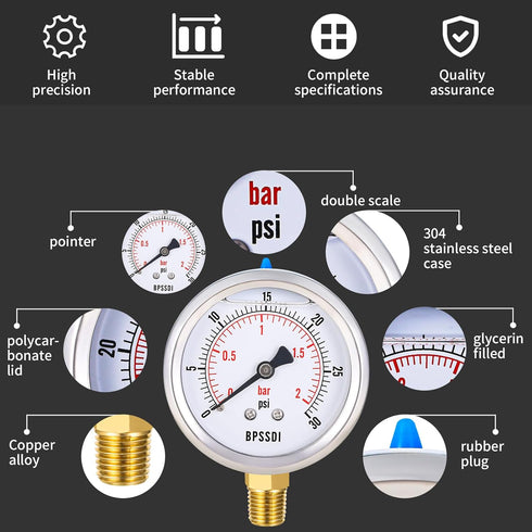 0-30 Psi Pressure Gauge, Glycerin Filled, Water Pressure Gauge, 2-1/2" Dial,1/4"NPT Lower Mount, Stainless Steel Case, for Pneumatic Regulator Air...