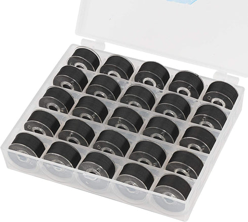 Simthread 25pcs Black Prewound Bobbin Thread Size A Class 15 (SA156) 60WT with Clear Storage Plastic Case Box 70D/2 for Brother Embroidery Thread ...