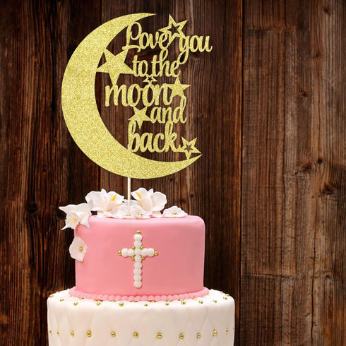 Love You To The Moon and Back Cake Topper - Gold Glitter Cake Decoration for Wedding Party...