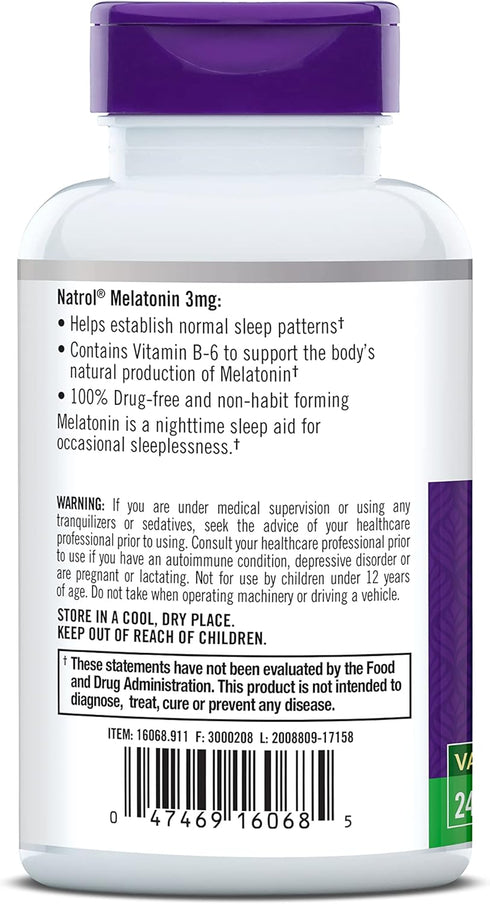 Natrol Melatonin Helps You Fall Asleep Faster Stay Asleep Longer Faster Absorption 100 Vegetarian 3mg, (Tablets), 240 Count...