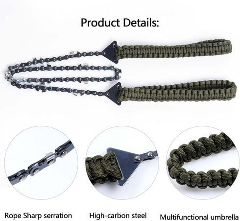 Pocket Chainsaw with Paracord Handle, Folding Chain Hand Saw, Emergency Outdoor Survival Gear for Camping, Hunting, Hiking, Cutting Wood & Tree (A...