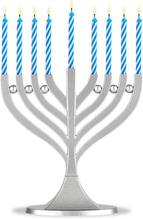 Zion Judaica Mini Classic Menorah with Mini Birthday Size Hanukkah Candles - Satin Silver Small Travel Minorah with 44 Blue and White Spiral Chanu...