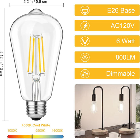Svater Vintage LED Edison Bulbs, 6W Equivalent 60W, High Brightness Neutral White 4000K, ST58 Antique LED Filament Bulbs with 85+ CRI, E26 Medium ...