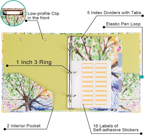 Mini 3 Ring Binder 1 Inch for 5.5" x 8.5" Paper with 5-Tab Dividers EYROZILL Cute Mini Binder for School/Office Supplies and Home, Season Tree...