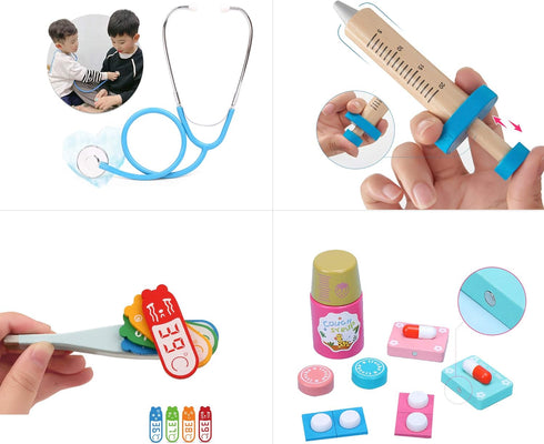 Doctor Kit for Kids - 17 Pcs Wood Medical Pretend Play Toys with Storage Box, Stethoscope and Other Accessories for Fun Role Playing Game Party Gi...