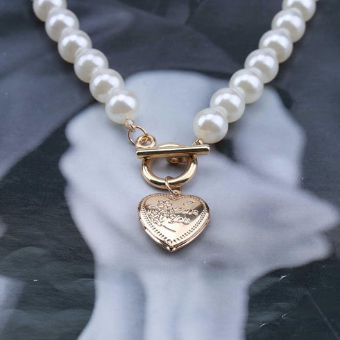 Vintage Pearl Choker Necklace Gold Circle T Bar Necklace Bohemia Heart Necklace Love Heart Pendant Necklace Chain Jewelry for Women and Girls (Hea...