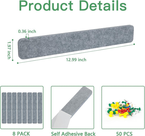 8 Packs Strips Felt Bulletin Board Bar with 50 Push Pins for Office Home,Self-Adhesive Felt Cork Board Bar Strips for Paste Notes, Photos, Schedul...