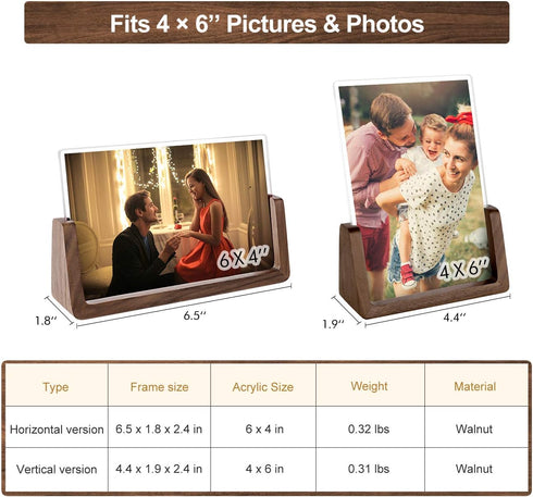 Mixoo 4x6 Wood Photo Picture Frame 2 Pack - Rustic Wooden Picture Frame with Walnut Wood Base and High Definition Break Free Acrylic Covers for Ta...