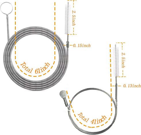 2-Pack Flexible Nylon Drain Pipe Hose, Slim Feeding Tube Cleaner with Stainless Steel Wire Brush, Long Cleaning Straw for Home Kitchen, Fish Tank,...
