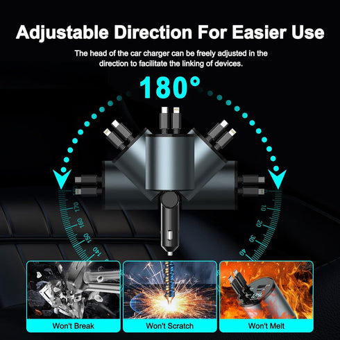 Car Charger 100W Super Fast Charging, 4-in-1 Retractable Car Charger, 180° Adjustable USB Car Charger, Car Charger Adapter with Voltage Display fo...