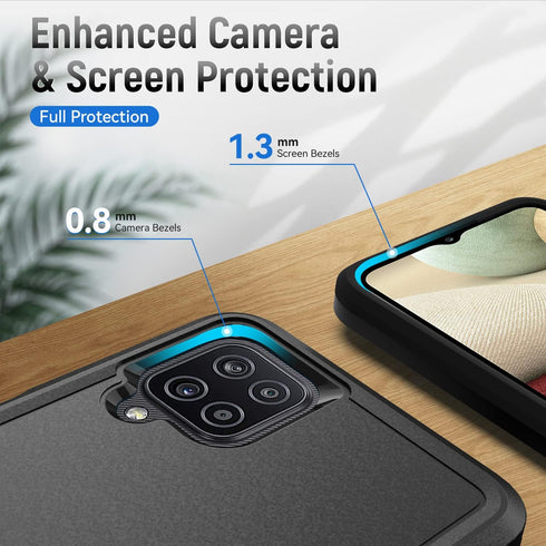 for Galaxy A12 Case, with Screen Protector, Heavy-Duty Tough Rugged Slim Shockproof Protective Case for Samsung A12, Black...