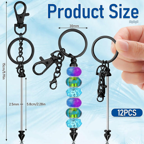 12 Pcs Beadable Keychain Bar, Black Beaded Key Chain for Pendant DIY, Alloy Blank Accessories Bulk for Keychain Making Supplies Jewelry Making Gif...