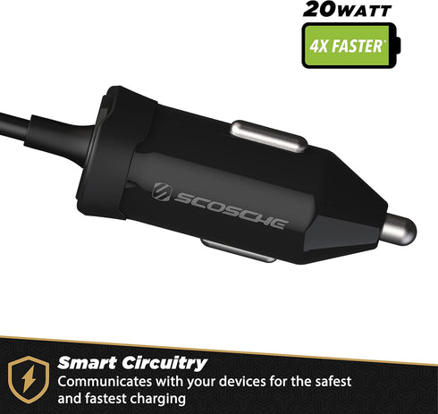 Scosche CPDi4203 PowerVolt 20-Watt MFi Certified Fast Car Charger Power Delivery 3.0 with Attached 4-Foot Adjustable Coiled Lightning Cable for Al...