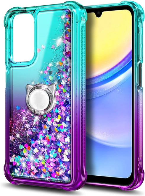 NZND Designed for Galaxy A15 Case, Samsung A15 4G/A15 5G Phone Case, Glitter Floating Liquid Waterfall Cute Case with Tempered Glass Screen Protec...