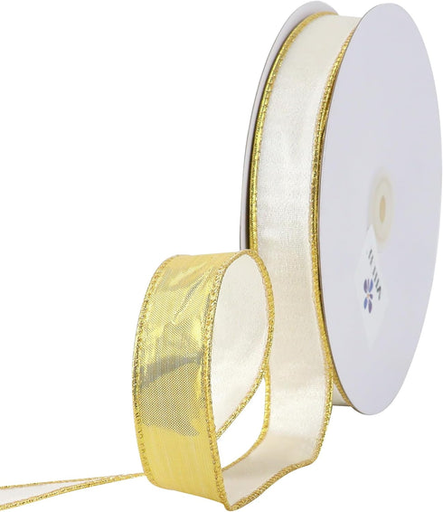 MEEDEE Skinny White Velvet Ribbon with Gold Back Double Sided Christmas Wired Ribbon 1 Inch Velvet Wired Ribbon 25 Yards White Crushed Velvet Ribb...