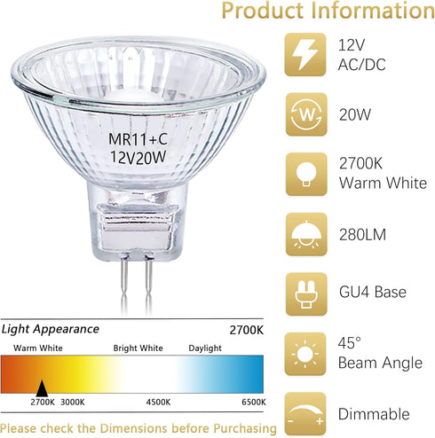 MR11 Halogen Bulb 12v 20W, 6-Bag MR11 Bulb with Glass Cover, Gu4 Double Pin Base, 2700k Warm White Adjustable Light, Applicable to Landscape, Trac...