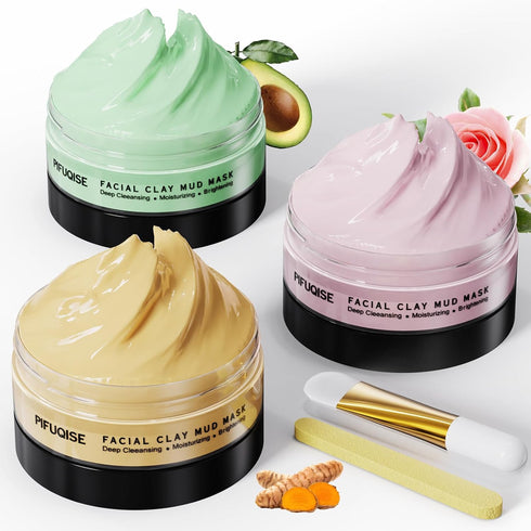 3 Pcs Clay Facial Mask Set - Turmeric Vitamin C Clay Mask - Rose Face Mask, Avocado Mud Mask, Facial Skin Care Mask for Deep Cleansing, Oil Contro...