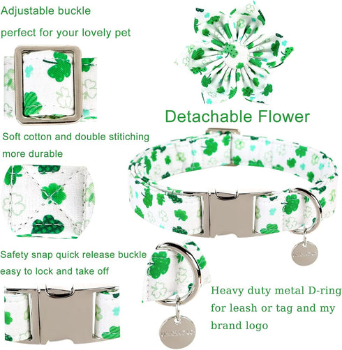 St. Patrick's Day Dog Collar with Flower, Cotton Flower Collar for Extra Large Girl Boy Dog, Durable Metal Buckle Pet Collar with Lucky Shamrock, ...