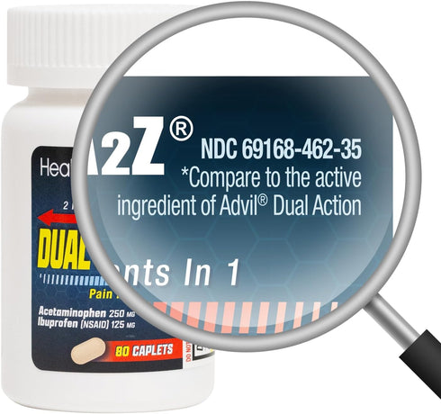 HealthA2Z® Dual Action Pain Relief | 80 Caplets | Acetaminophen 250mg & Ibuprofen (NSAID) 125mg | Contains Two Medicines | Relief from Headache, F...