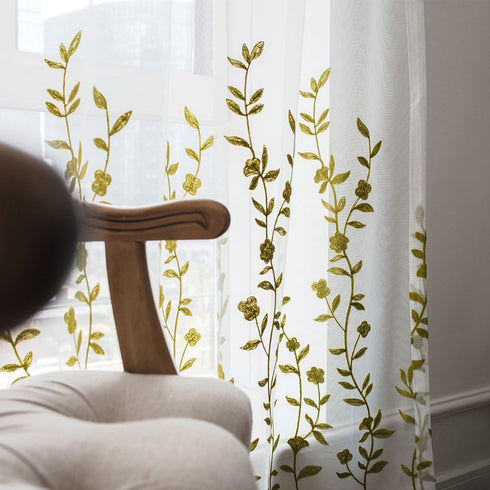 Melodieux Flower Embroidery Sheer Curtain for Living Room Bedroom, Farmhouse Style Rod Pocket Voile Drape, White/Green, 52 by 84 Inch (1 Panel)...
