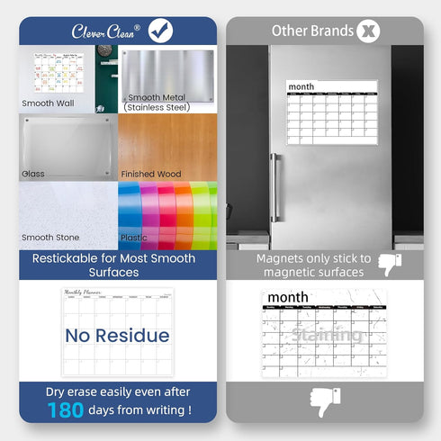 Clever Clean Non-Magnetic Dry Erase Calendar for Fridge, Reusable Calendar with 6 Dry Erase Markers, Whiteboard Calendar Sticks to Any Smooth Surf...