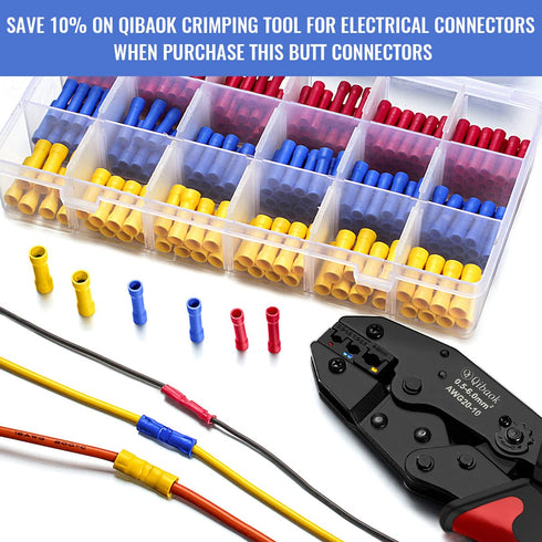 Qibaok 300 PCS Butt Splice Crimp Connectors Insulated Electrical Straight Wire Terminal Connectors 10-22AWG...