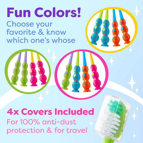 Kids Toothbrush 4 Pack - Soft Contoured Bristles - Child Sized Brush Heads (3-10 Year Old) - Suction Cup for Fun & Easy Storage - Girl & Boy Set (...
