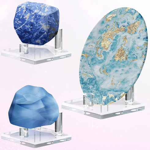 Weysat 8 Pcs Rock Display Stand 3 Pegs Acrylic Rock and Mineral Display Stand Clear Geode Display Stand Mineral Holder Square Display Easel Stands...