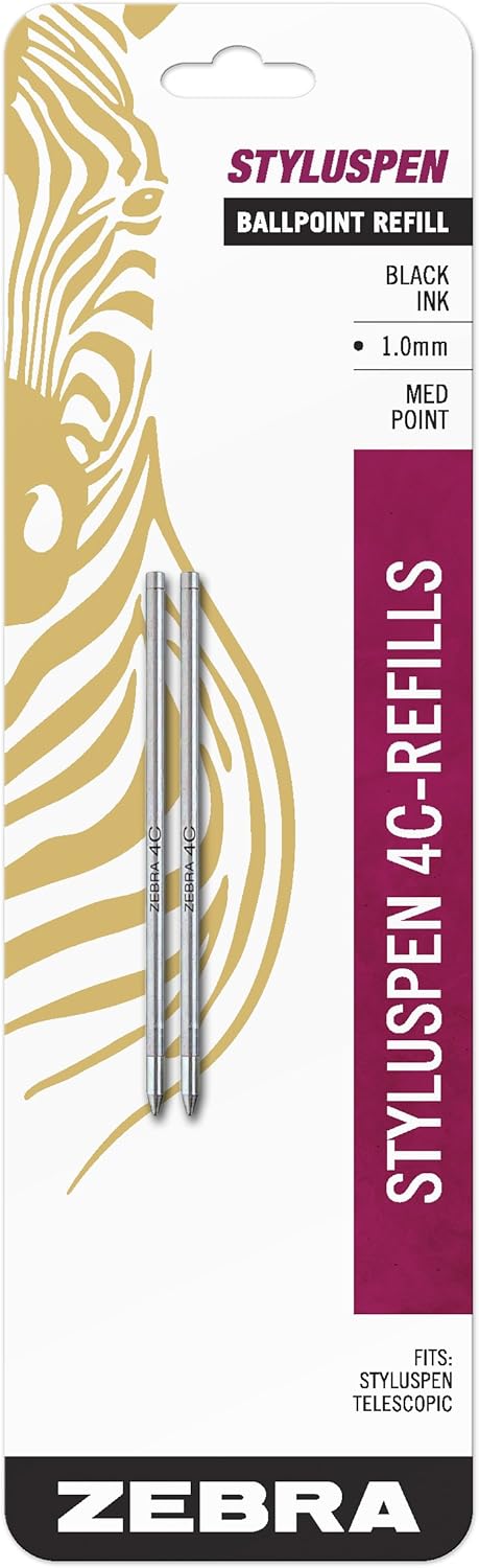 Zebra Pen StylusPen Telescopic Ballpoint 4C Refill, Medium Point, 1.0mm, Black Ink, 2-Count......